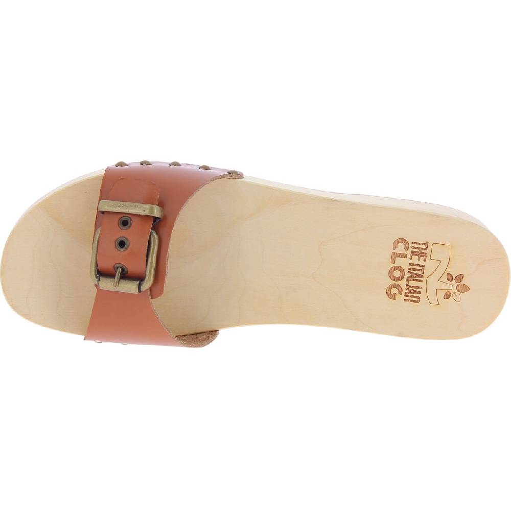Lartigiano Del Cuoio Zoccoli In Legno Donna Con Fascia Regolabile In Pelle Color Cuoio