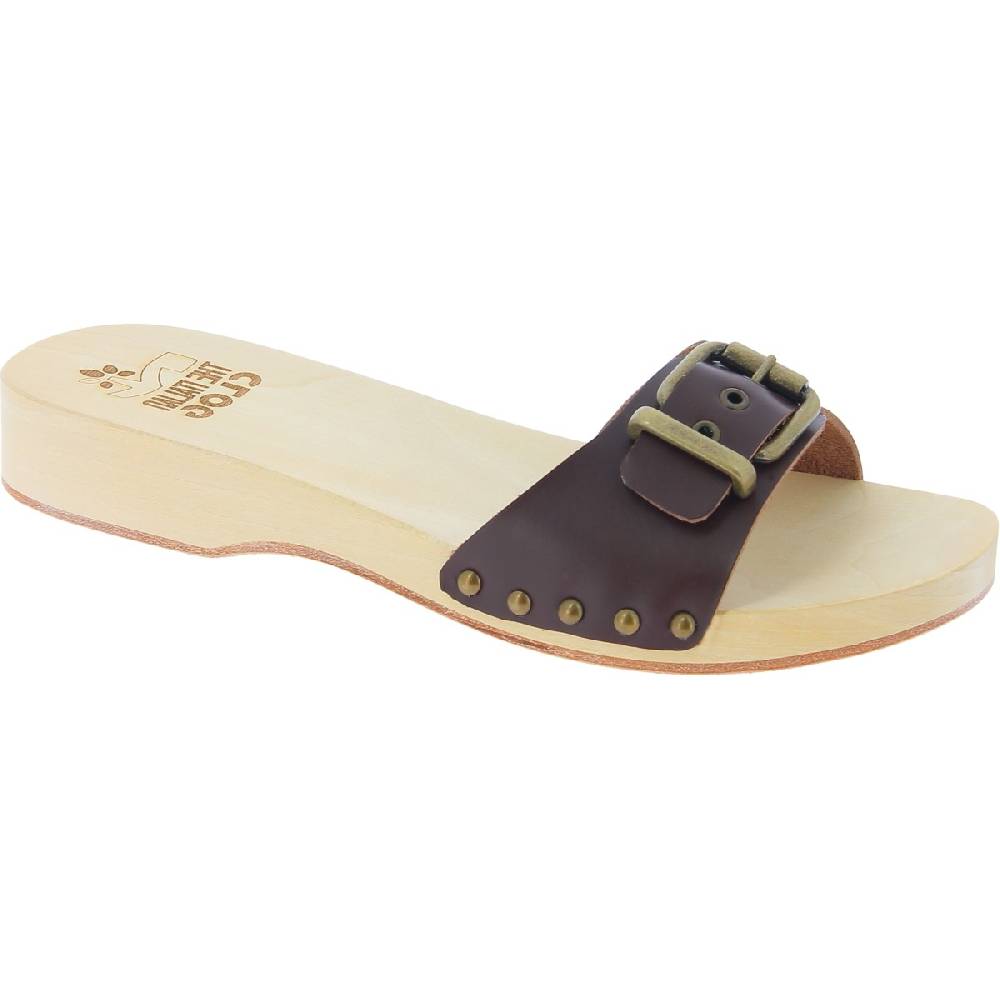 Lartigiano Del Cuoio Zoccoli in legno donna con fascia regolabile in pelle marrone scuro