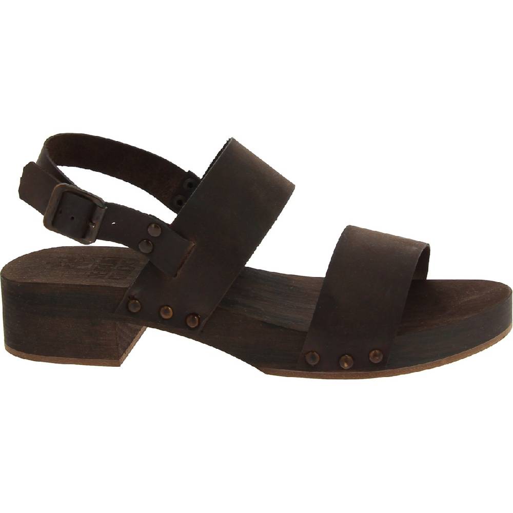 Lartigiano Del Cuoio Zoccoli In Legno Marrone Scuro Artigianali Con Fascia In Pelle