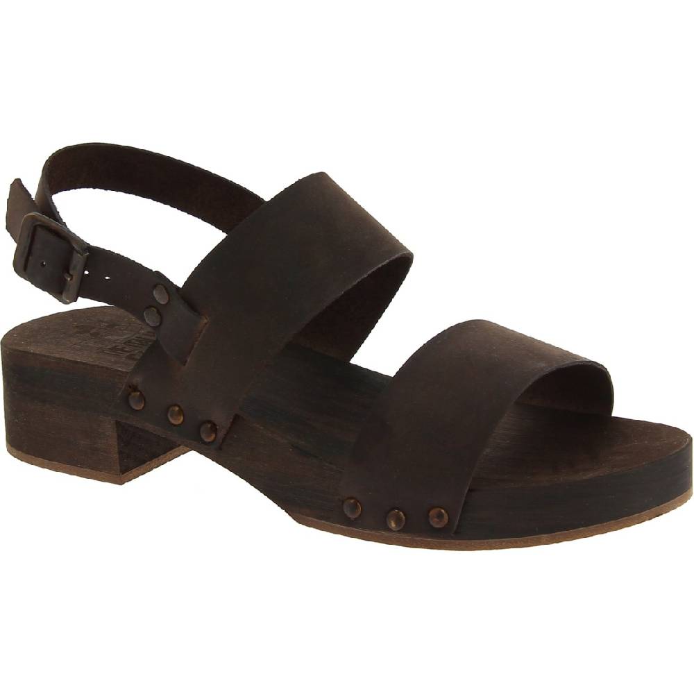 Lartigiano Del Cuoio Zoccoli in legno marrone scuro artigianali con fascia in pelle