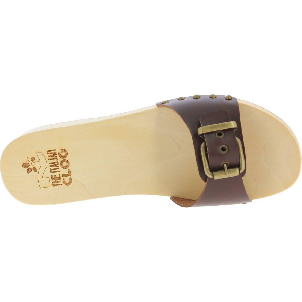 Lartigiano Del Cuoio Zoccoli In Legno Uomo Con Fascia Regolabile In Pelle Marrone Scuro