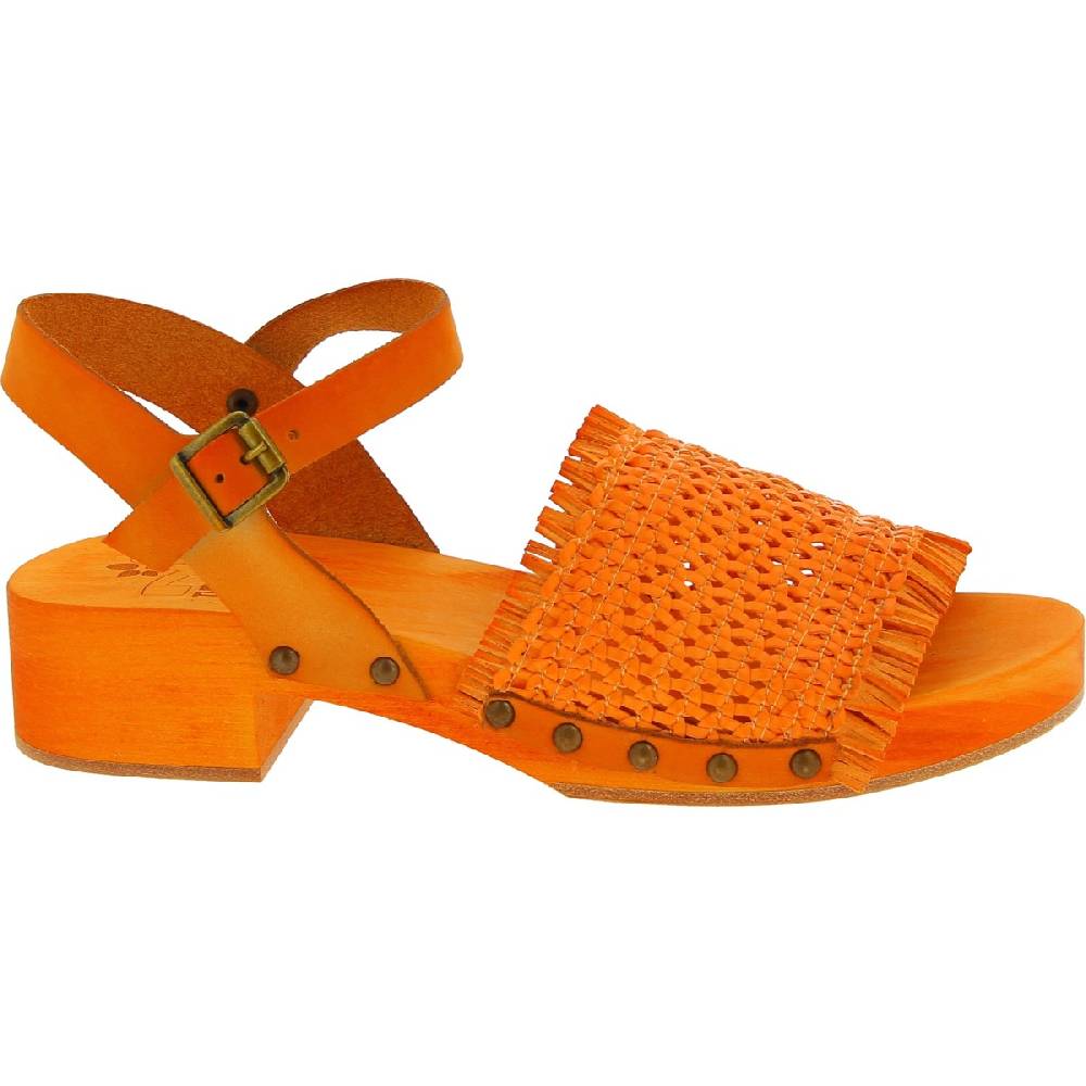 Lartigiano Del Cuoio Zoccolo Da Donna Arancio In Legno Con Fascia In Vera Pelle Intrecciata