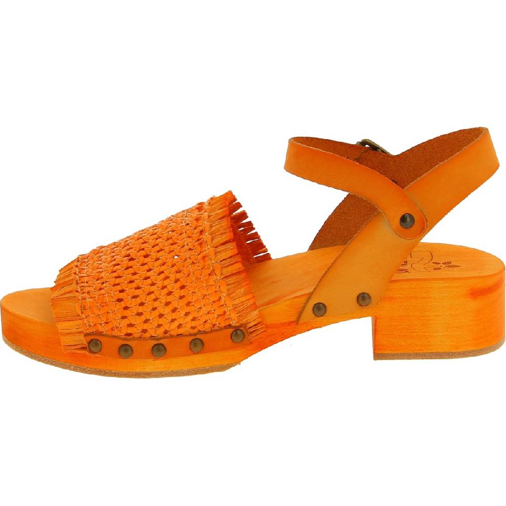 Lartigiano Del Cuoio Zoccolo Da Donna Arancio In Legno Con Fascia In Vera Pelle Intrecciata