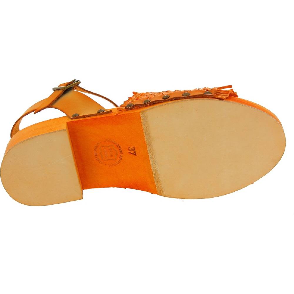 Lartigiano Del Cuoio Zoccolo Da Donna Arancio In Legno Con Fascia In Vera Pelle Intrecciata