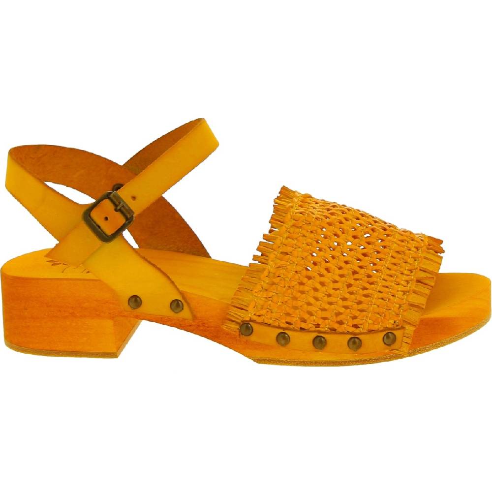 Lartigiano Del Cuoio Zoccolo Da Donna Giallo In Legno Artigianali Con Fascia In Pelle Intrecciata