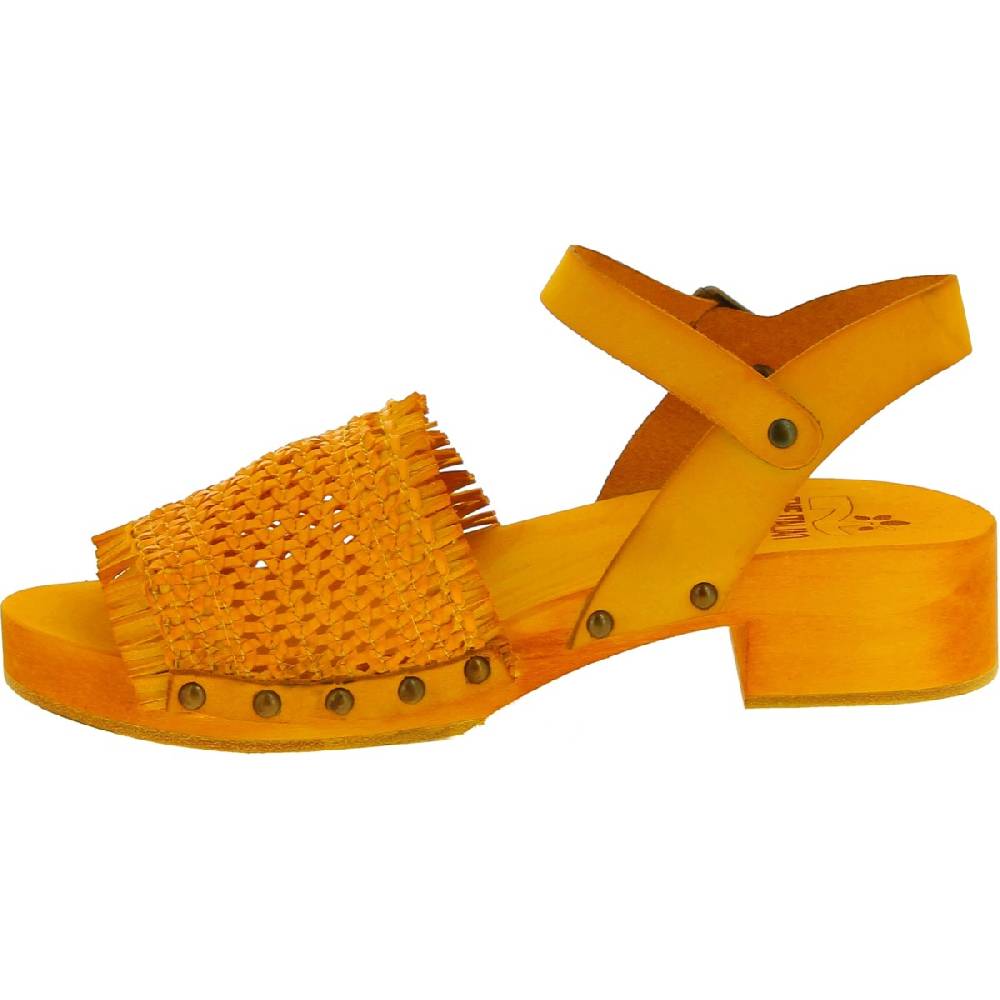 Lartigiano Del Cuoio Zoccolo Da Donna Giallo In Legno Artigianali Con Fascia In Pelle Intrecciata