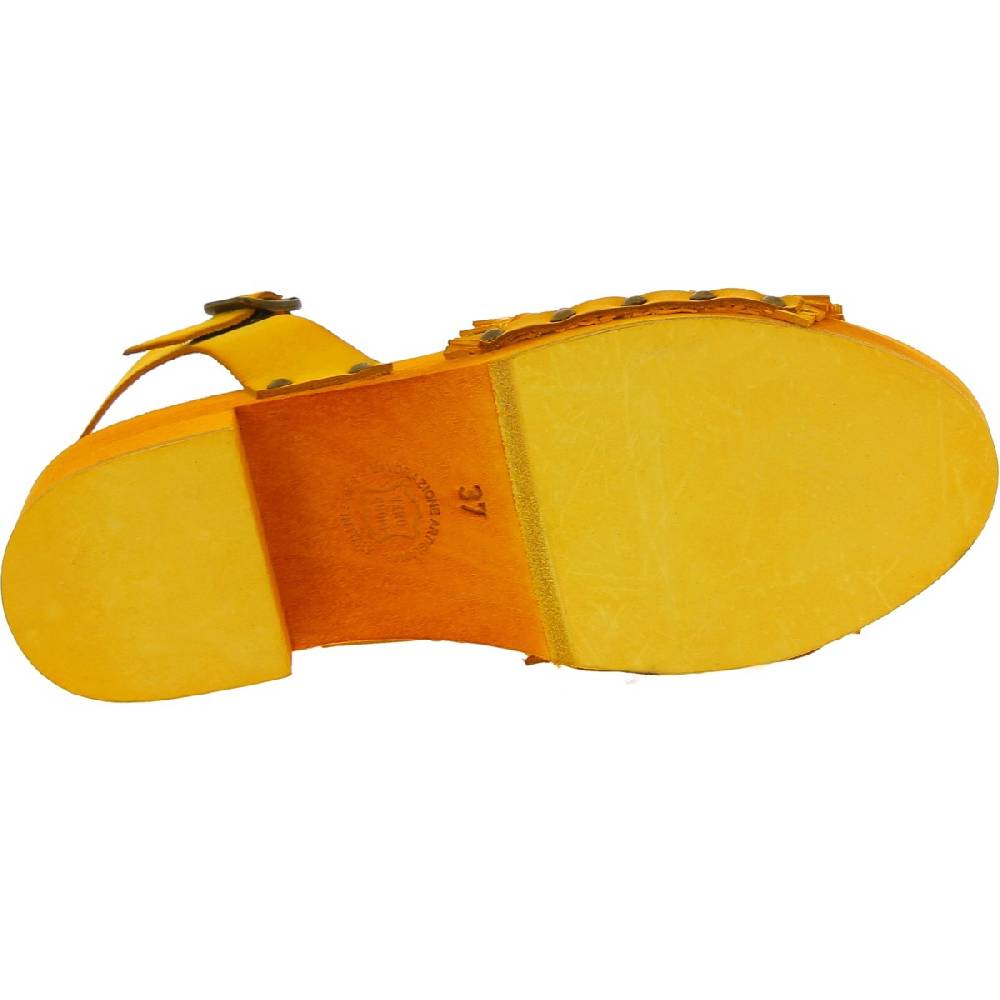 Lartigiano Del Cuoio Zoccolo Da Donna Giallo In Legno Artigianali Con Fascia In Pelle Intrecciata