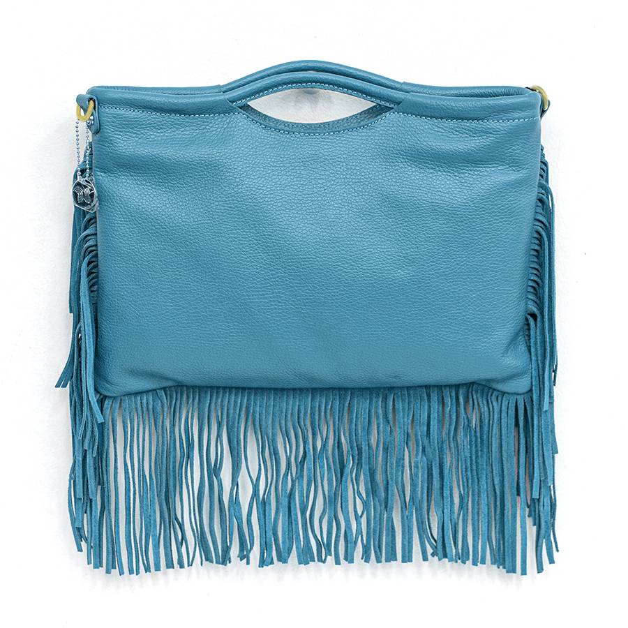 Laura Di Maggio ARIZONA – Borsa a mano in pelle con frange azzurra