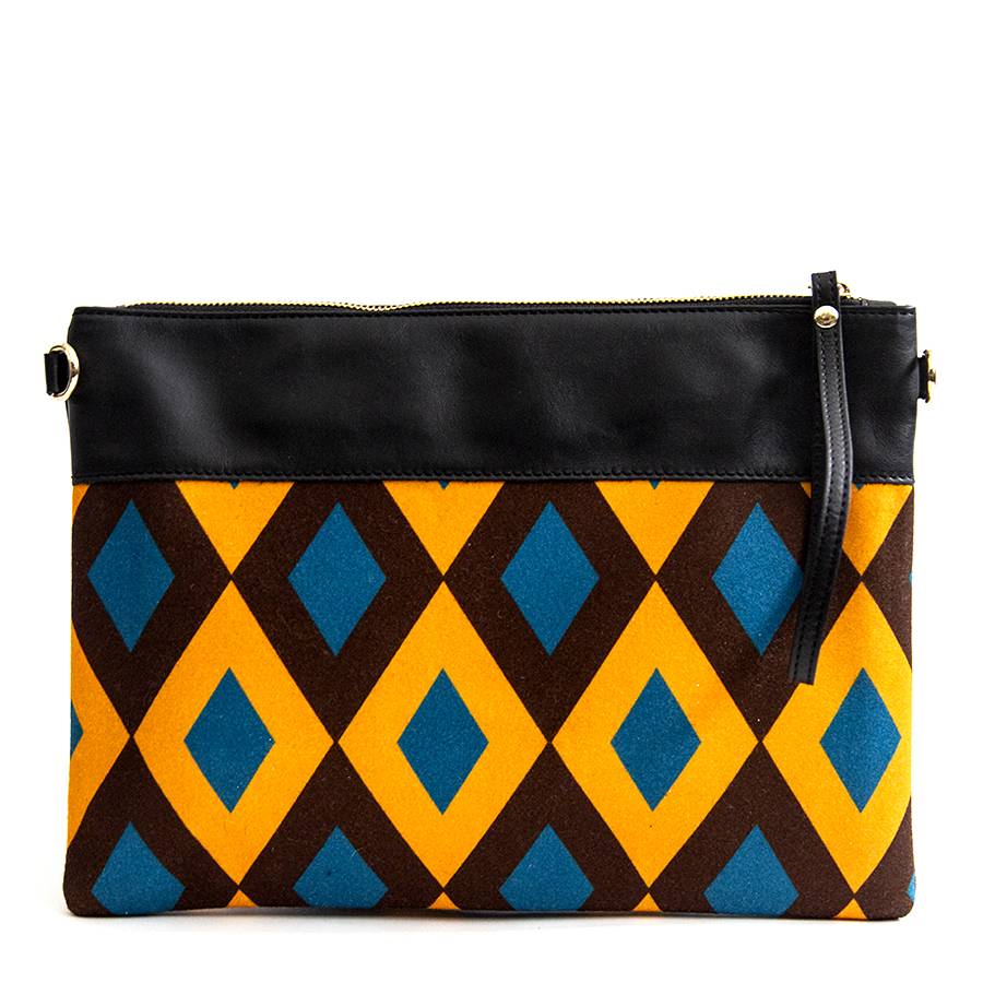 Laura Di Maggio EMILY – busta in pelle e tessuto senape e petrolio