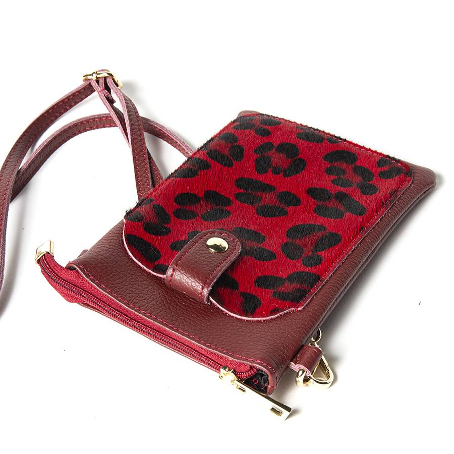 Laura Di Maggio TINY – Porta Cellulare In Pelle Dollaro Con Cavallino Stampa Leopardata Rosso