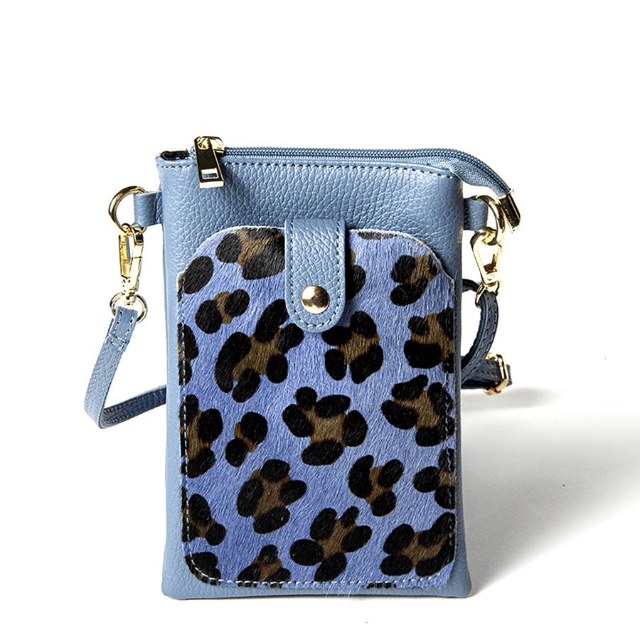 Laura Di Maggio TINY – Porta cellulare in pelle dollaro con cavallino stampa leopardata avio