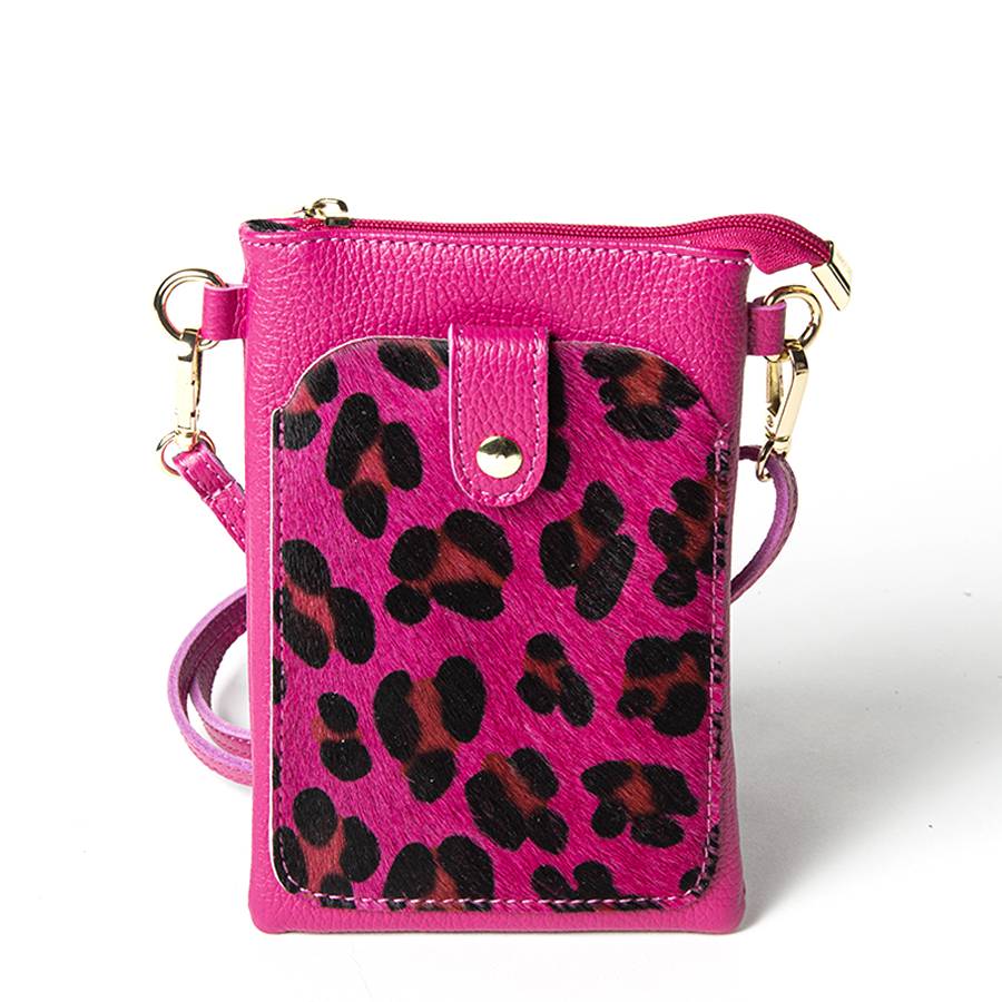 Laura Di Maggio TINY – Porta cellulare in pelle dollaro con cavallino stampa leopardata fucsia