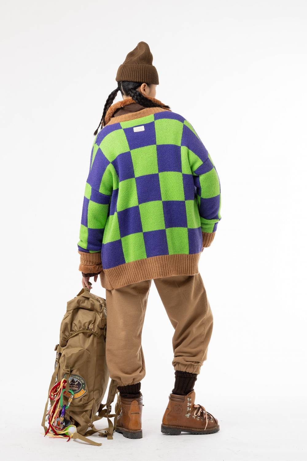 Lc23 Checkered Cardigan Green/Camel/Purple