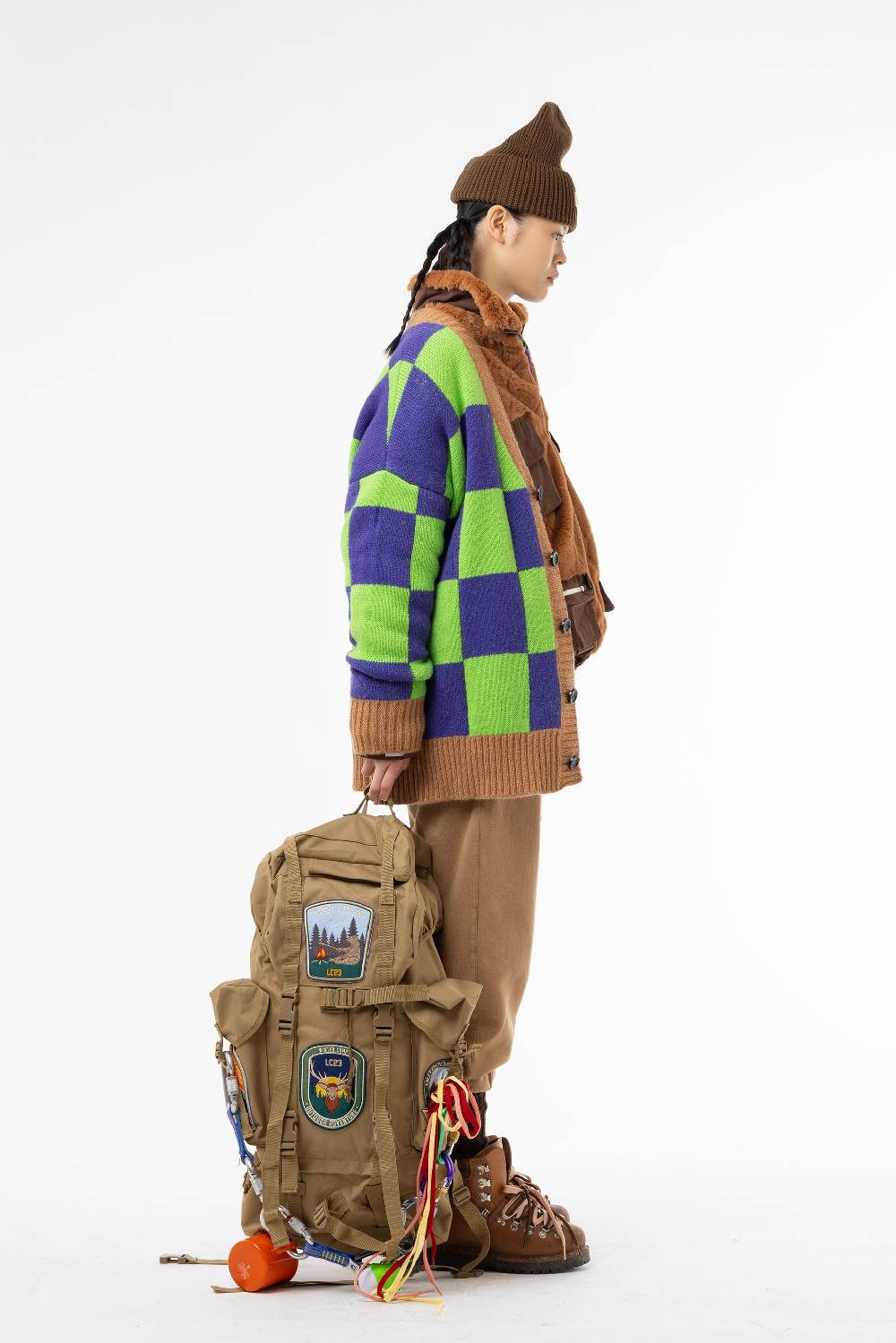 Lc23 Checkered Cardigan Green/Camel/Purple