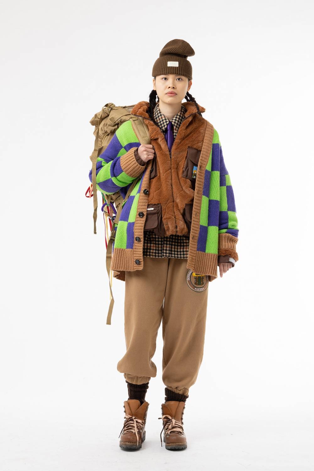 Lc23 Checkered Cardigan Green/Camel/Purple