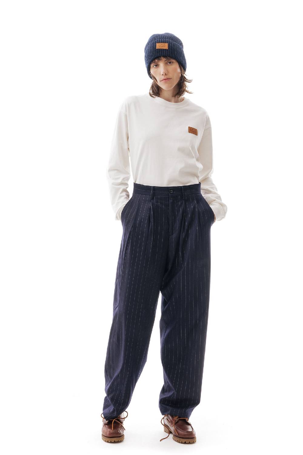 Lc23 Gessato Double Pence Trousers Navy