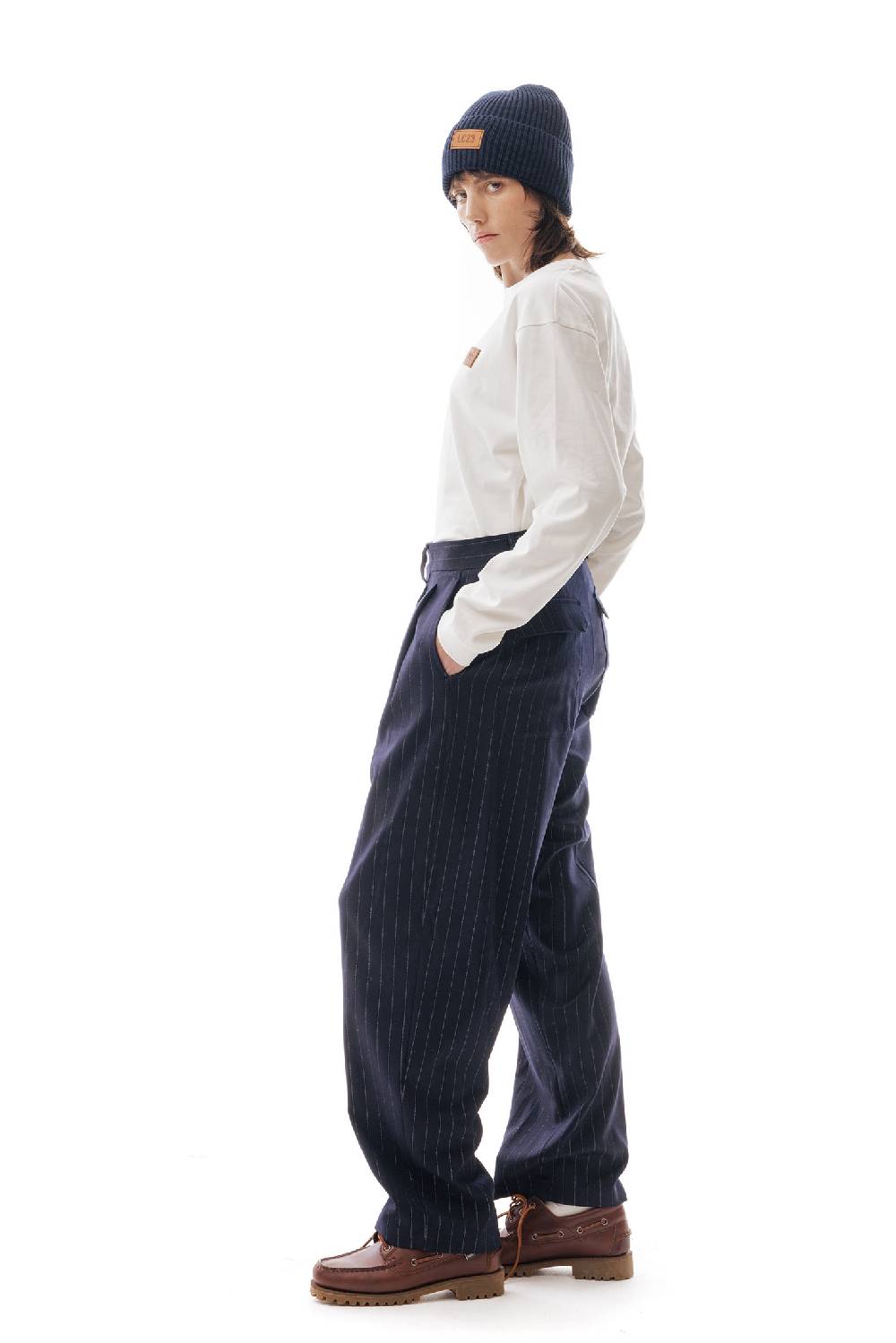 Lc23 Gessato Double Pence Trousers Navy