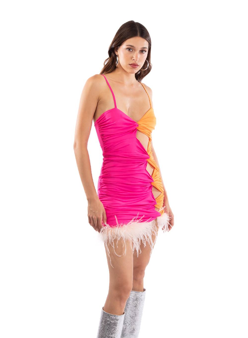 Le Volière BETHANY Vestito Elasticizzato Fucsia E Arancione Con Fori