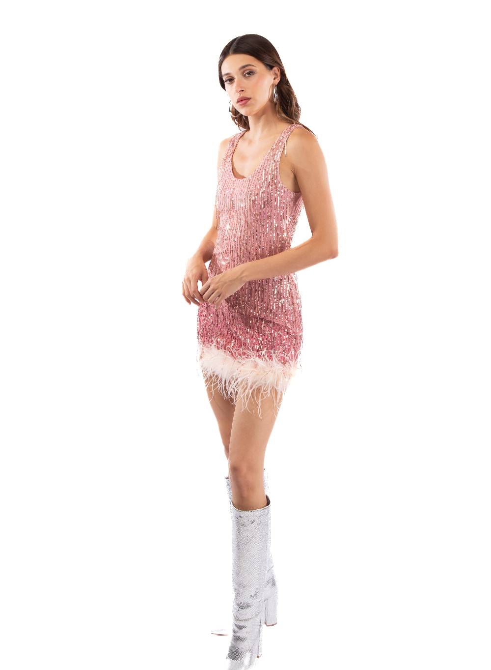 Le Volière DAISY Vestito Rosa Di Paillettes Con Piume