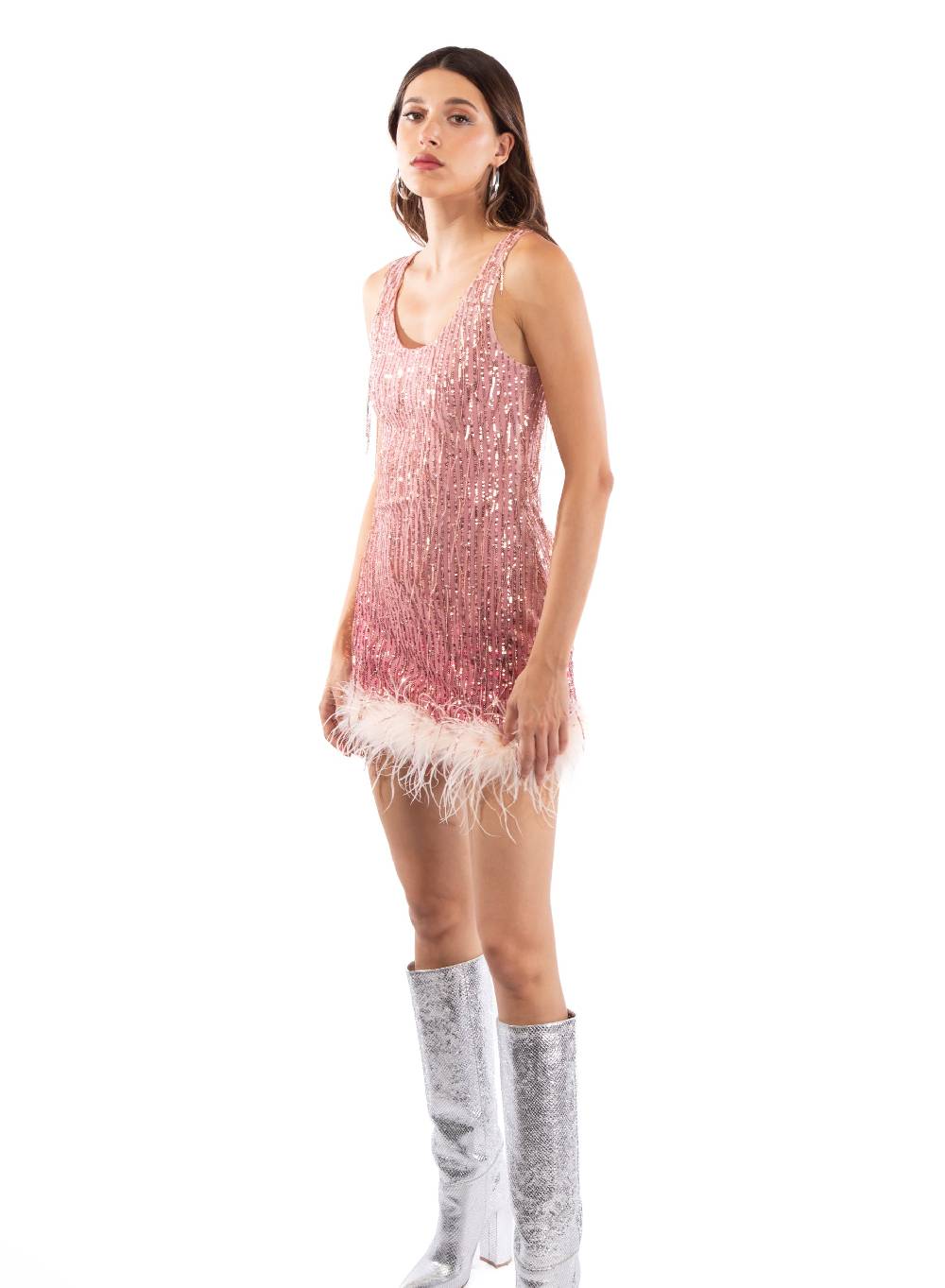 Le Volière DAISY Vestito Rosa Di Paillettes Con Piume