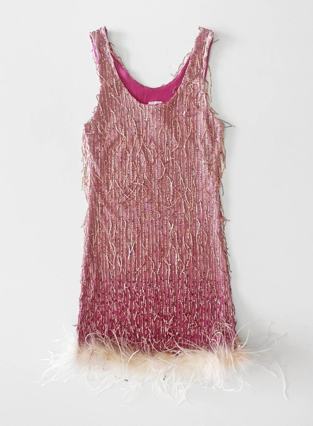 Le Volière DAISY Vestito Rosa Di Paillettes Con Piume