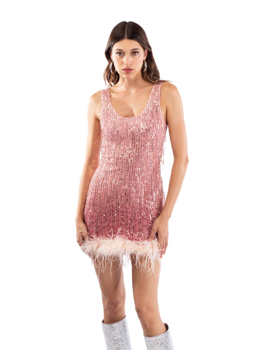 Le Volière DAISY Vestito rosa di paillettes con piume