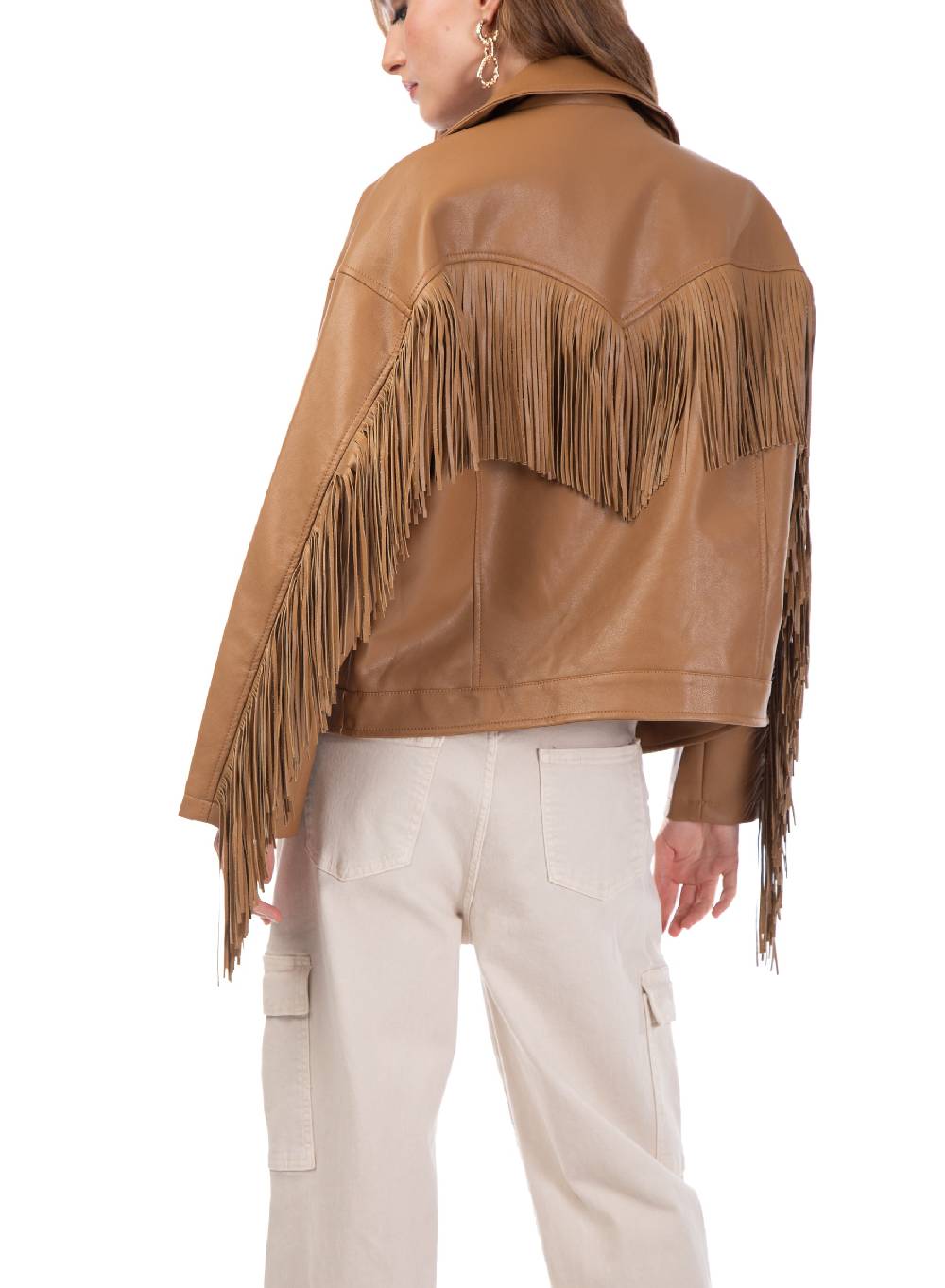 Le Volière Giacca Oversize Con Frange In Ecopelle Beige