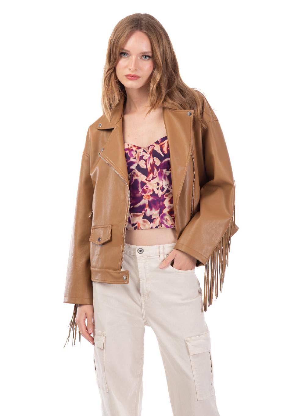 Le Volière Giacca Oversize Con Frange In Ecopelle Beige