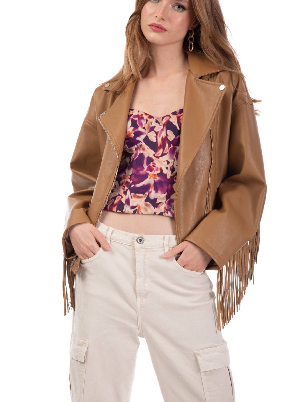 Le Volière Giacca Oversize Con Frange In Ecopelle Beige