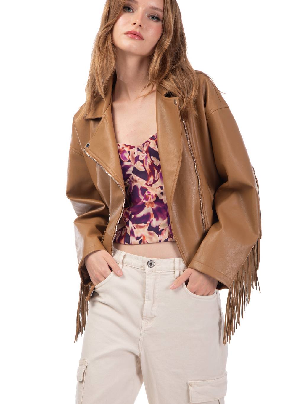 Le Volière Giacca oversize con frange in ecopelle beige