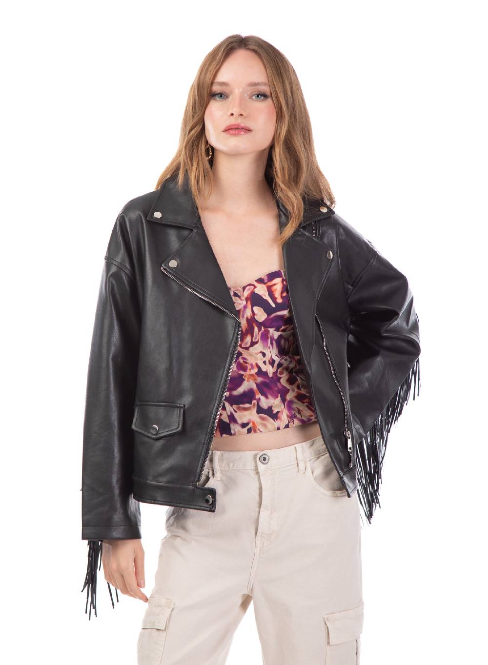 Le Volière Giacca Oversize In Ecopelle Nera Con Frange