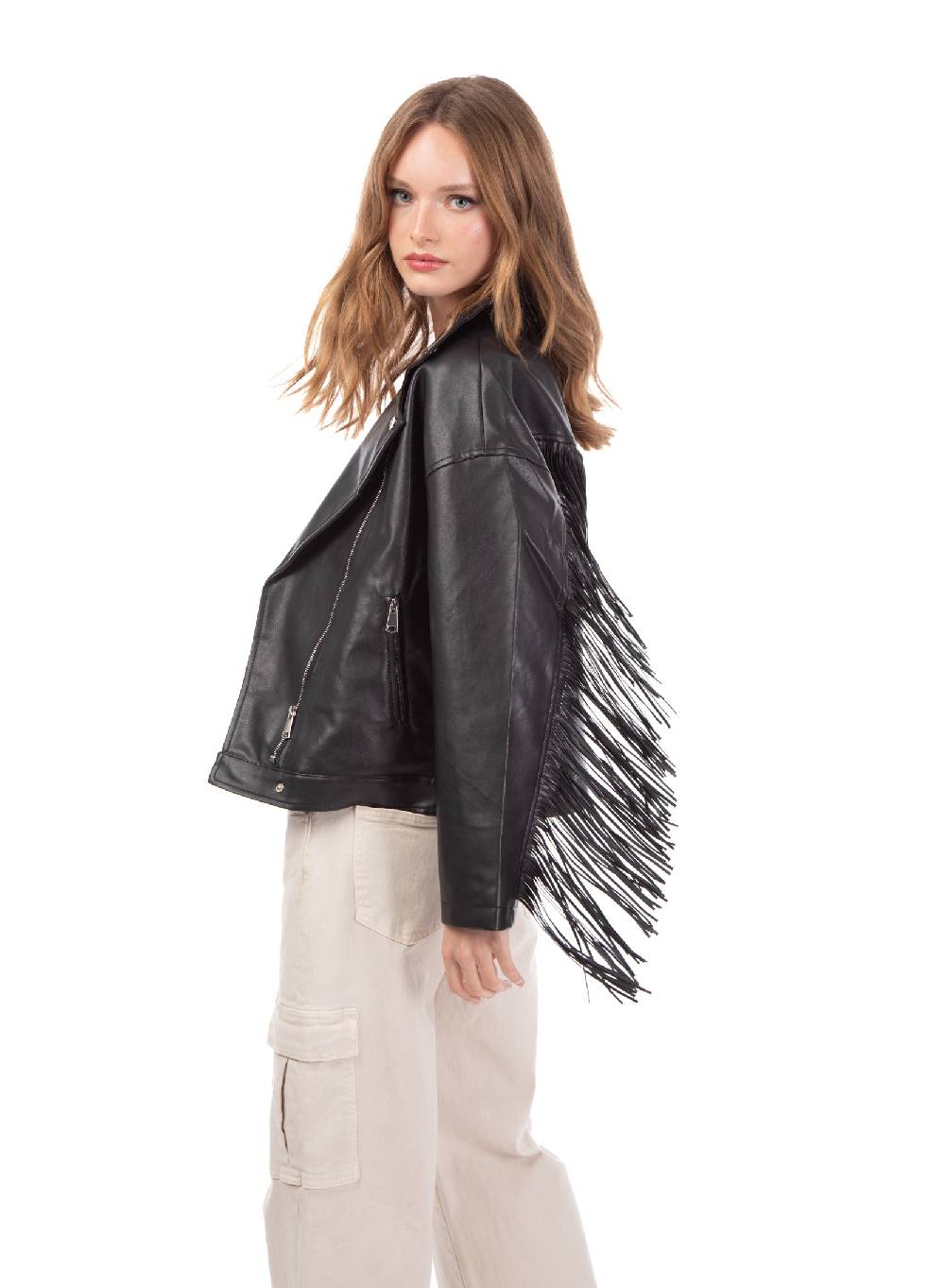 Le Volière Giacca Oversize In Ecopelle Nera Con Frange