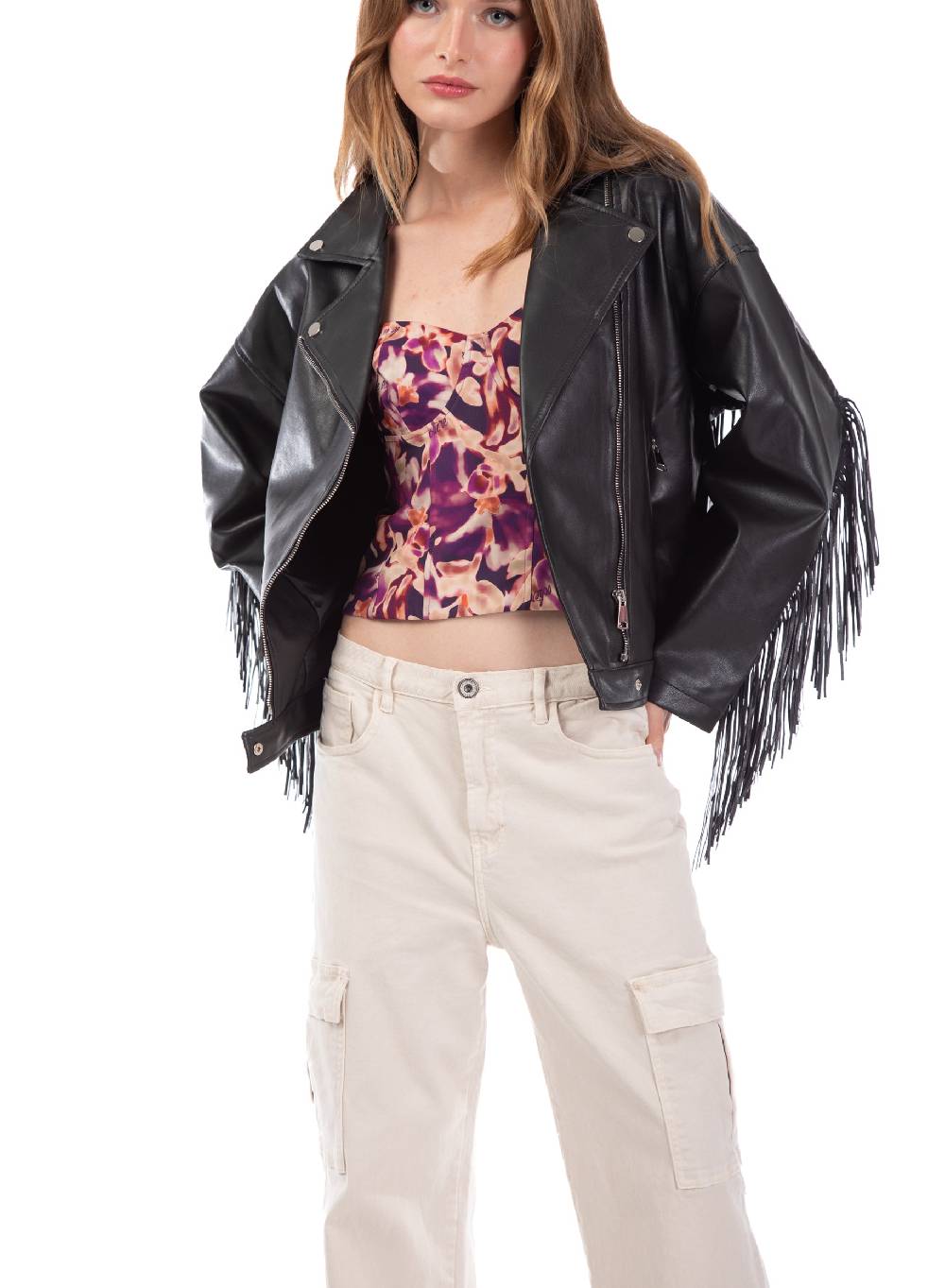 Le Volière Giacca Oversize In Ecopelle Nera Con Frange