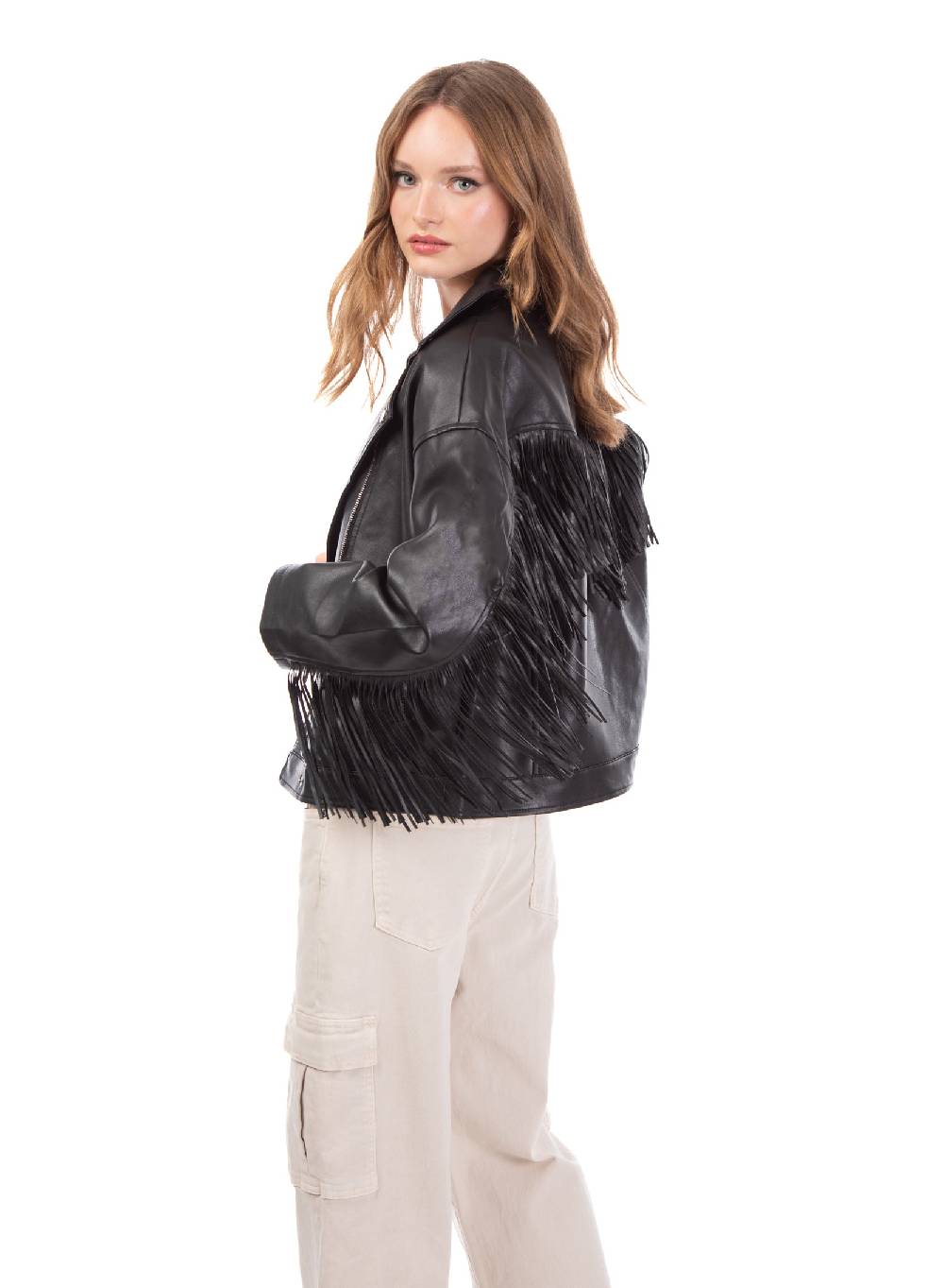 Le Volière Giacca Oversize In Ecopelle Nera Con Frange