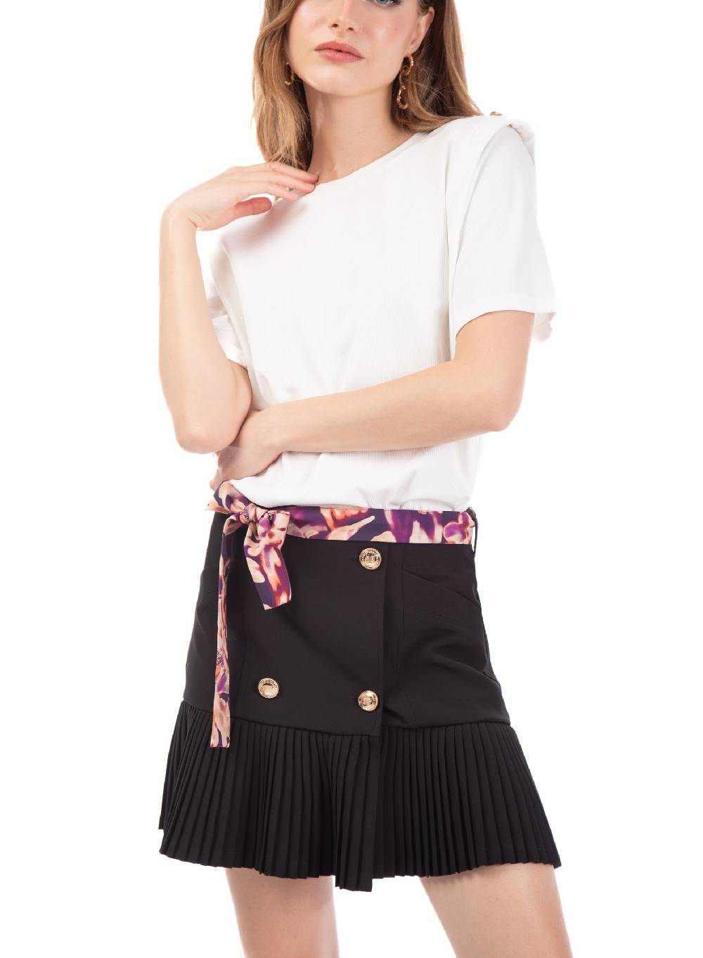 Le Volière Gonna Plissè Beige O Nera Con Cintura Floreale