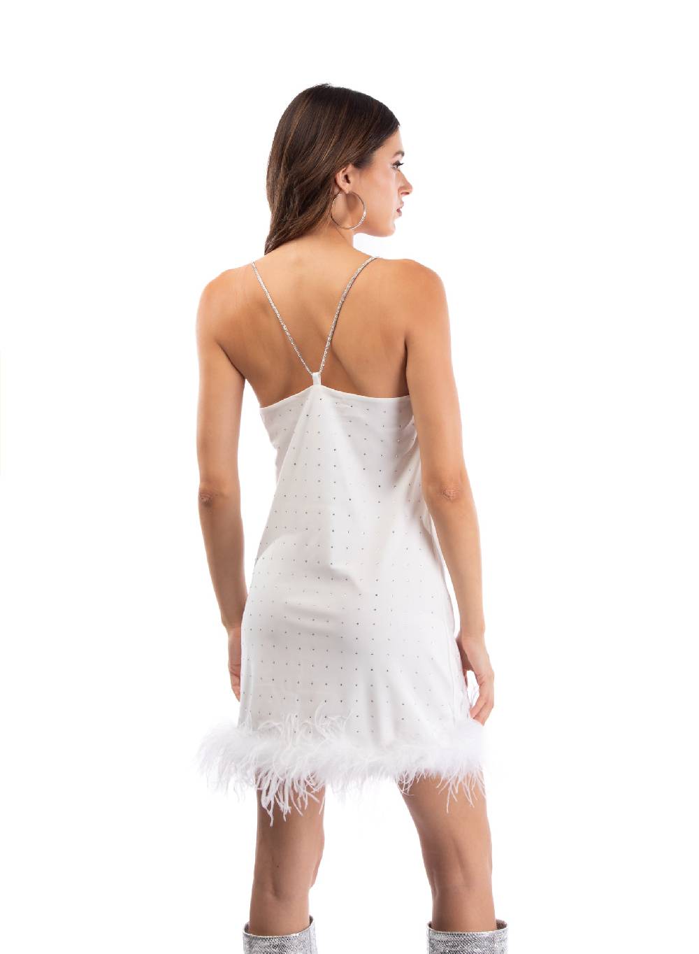 Le Volière LAUREN Vestito Bianco Con Strass E Piume Bianche