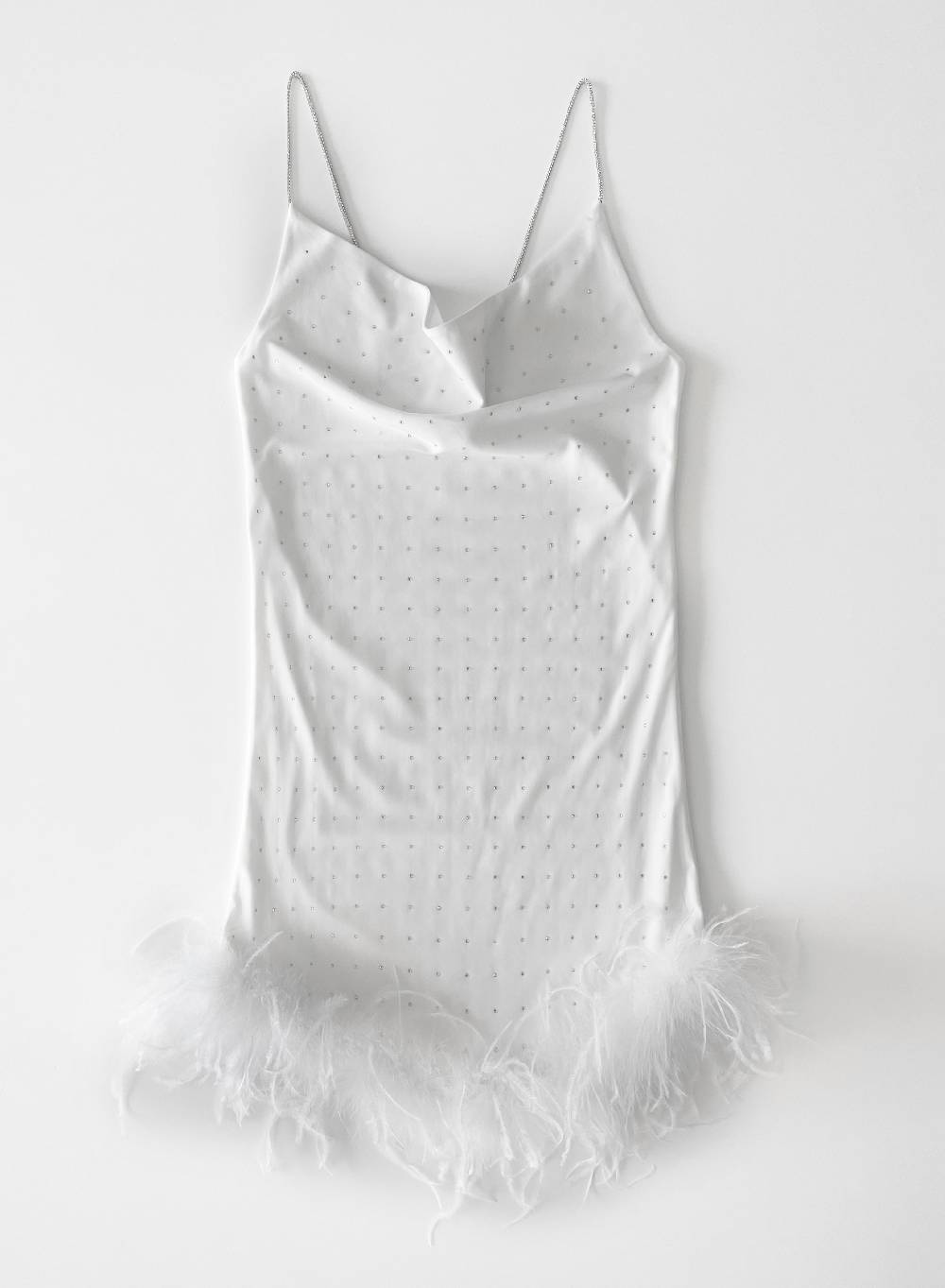 Le Volière LAUREN Vestito Bianco Con Strass E Piume Bianche