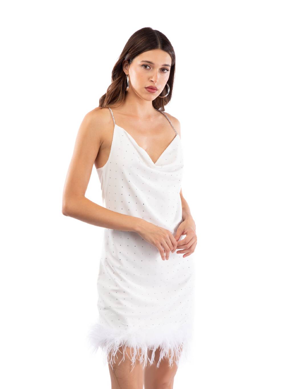 Le Volière LAUREN Vestito bianco con strass e piume bianche