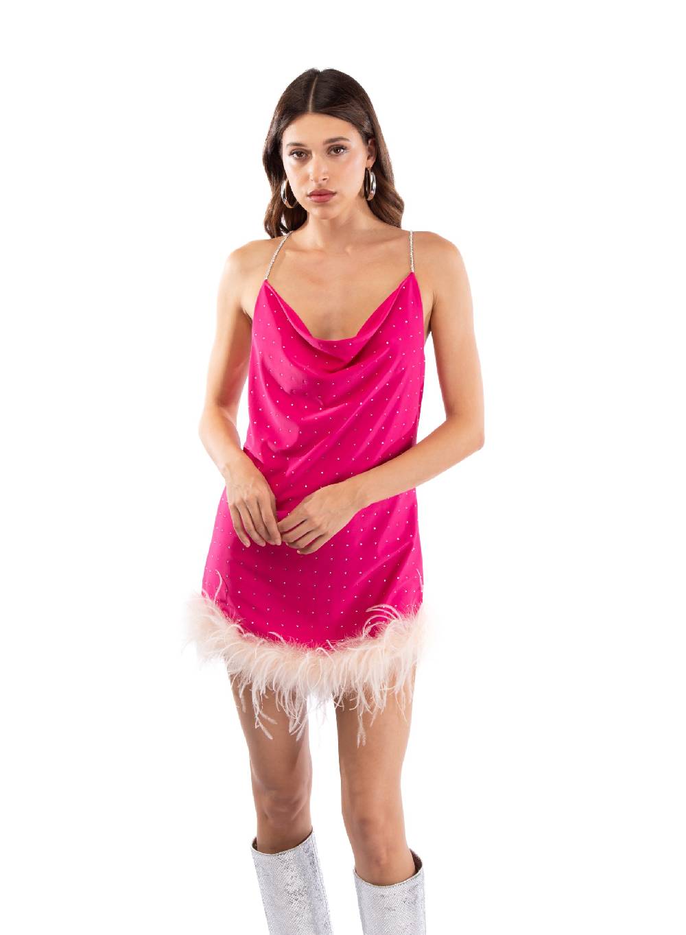 Le Volière LAUREN Vestito Fucsia Con Strass E Piume Rosa