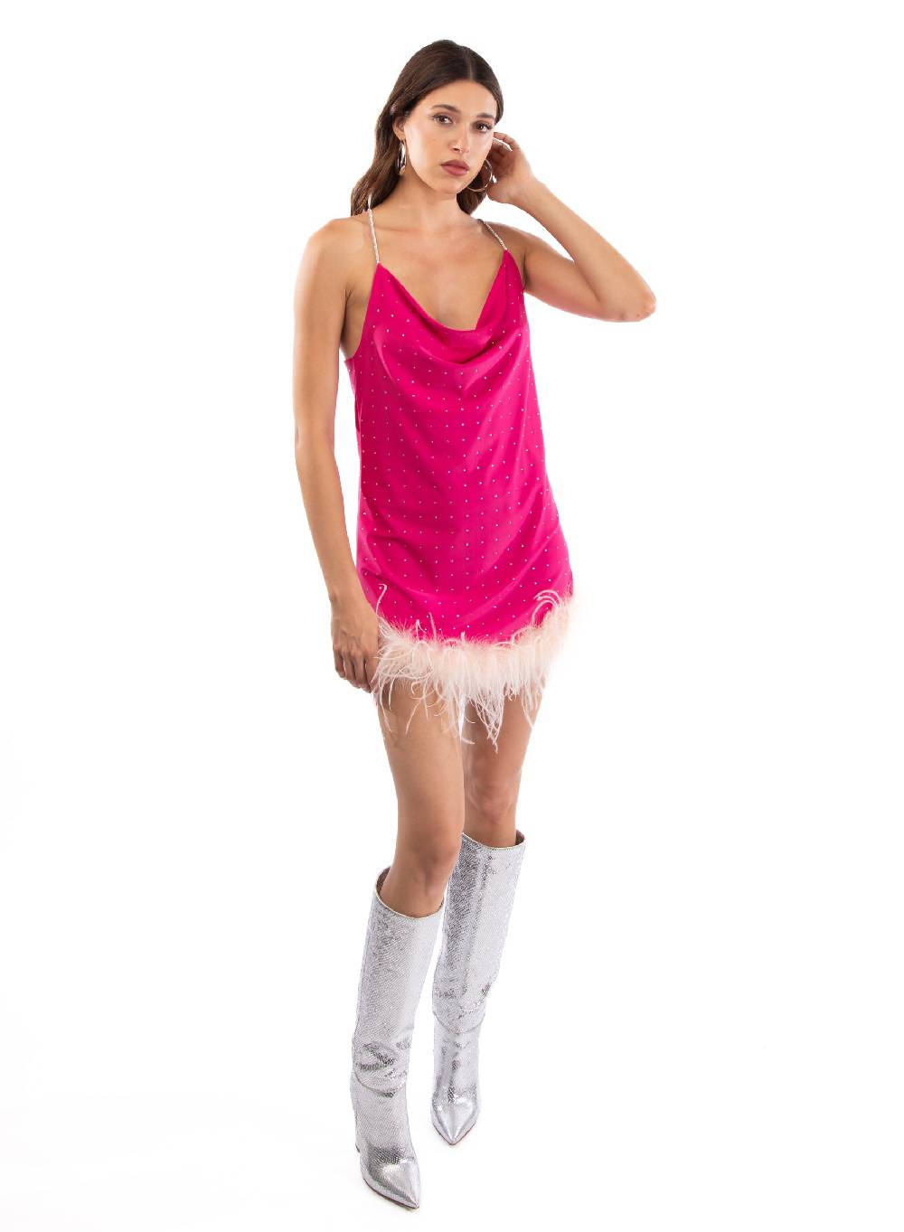 Le Volière LAUREN Vestito Fucsia Con Strass E Piume Rosa