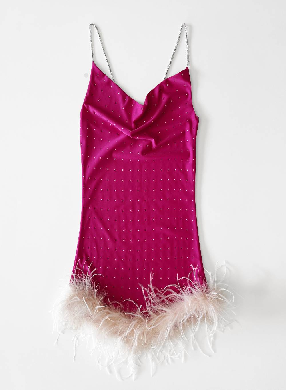 Le Volière LAUREN Vestito Fucsia Con Strass E Piume Rosa