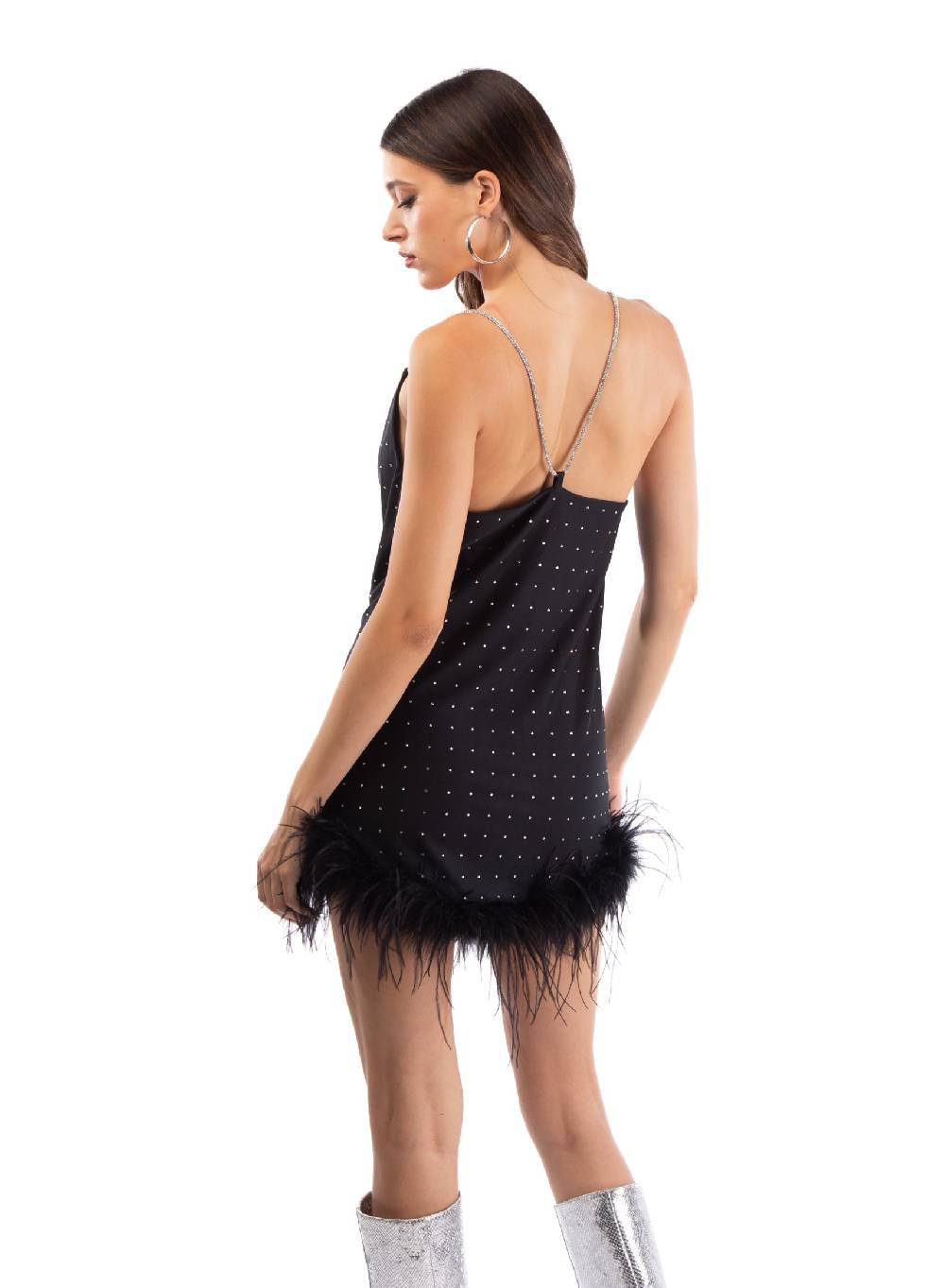 Le Volière LAUREN Vestito Nero Con Strass E Piume Nere