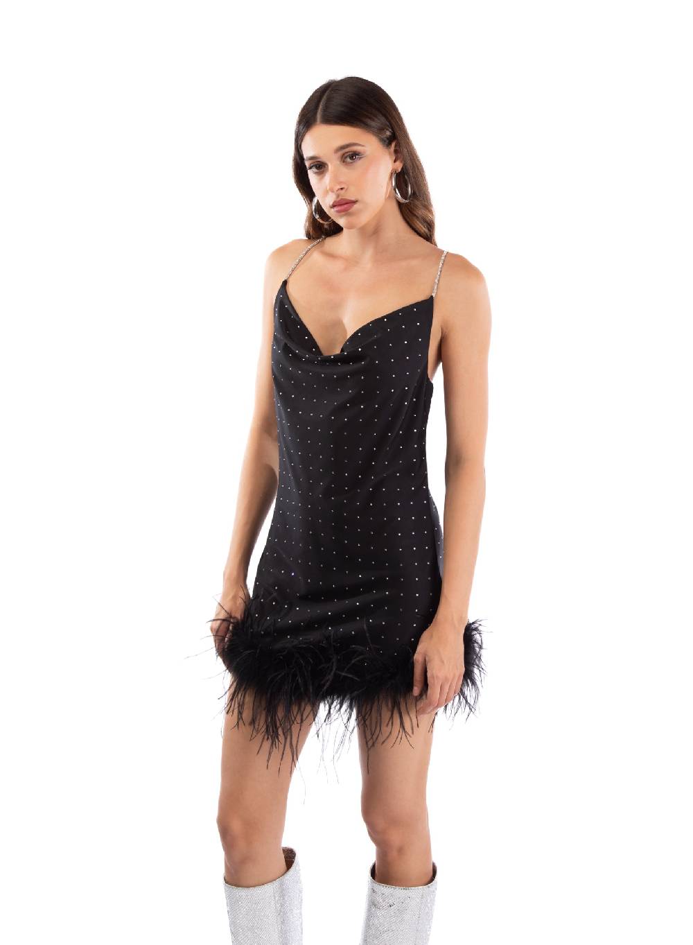 Le Volière LAUREN Vestito Nero Con Strass E Piume Nere