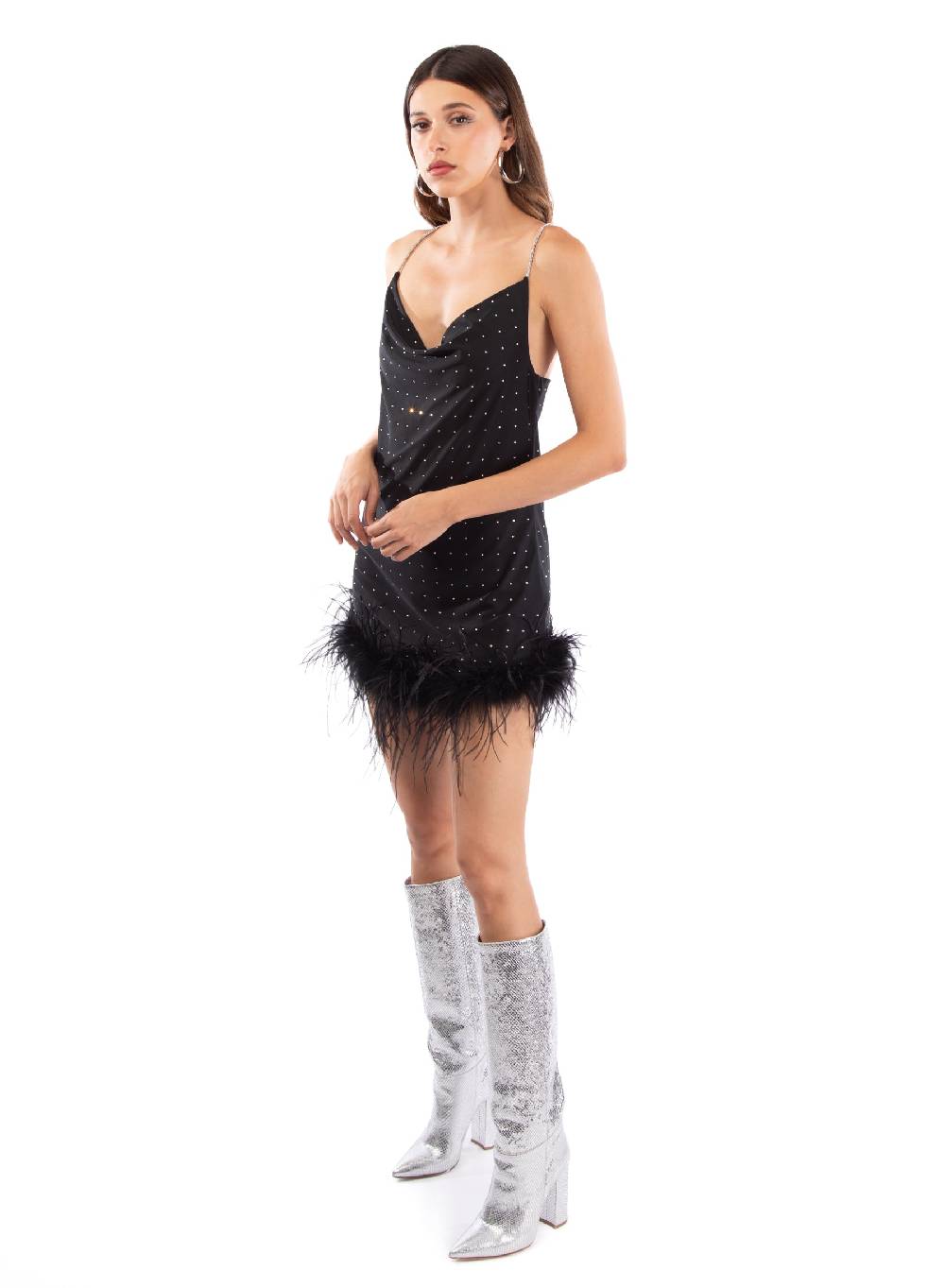 Le Volière LAUREN Vestito Nero Con Strass E Piume Nere