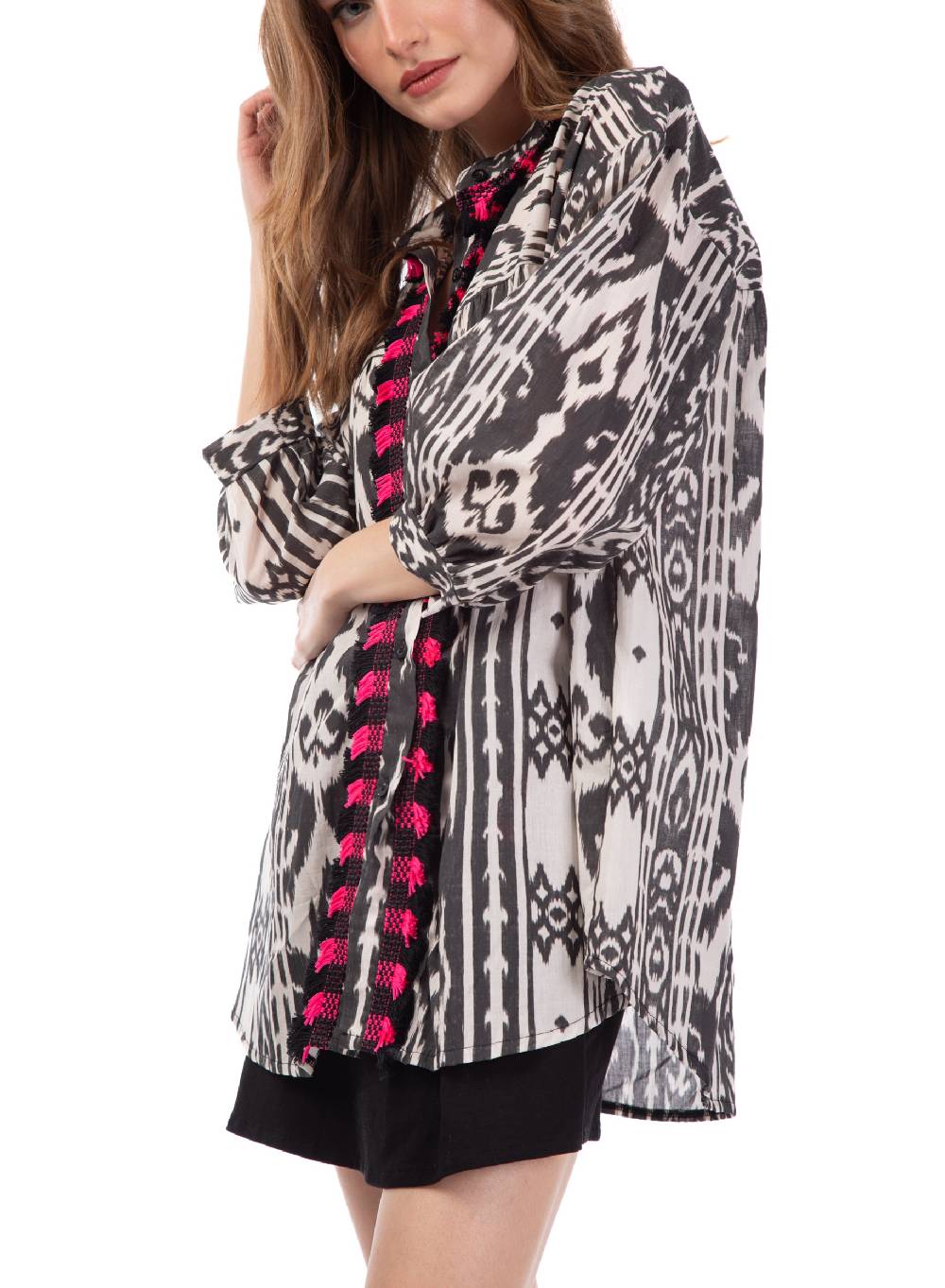 Le Volière Camicia Oversize Etnica Con Frange