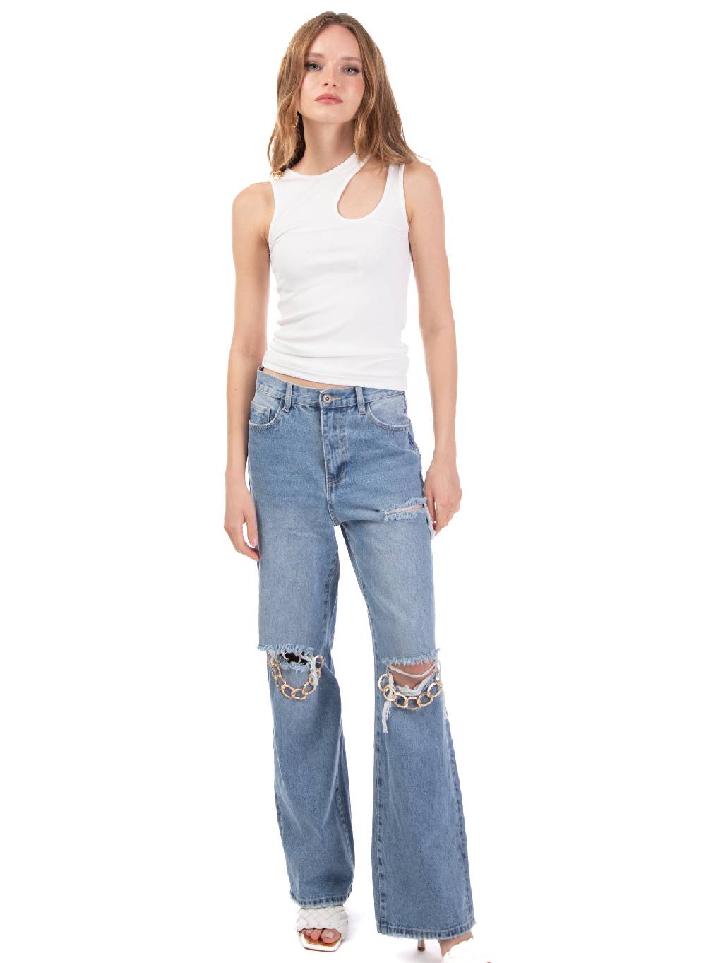 Le Volière Canotta Bianca Con Bottoni Logati Oro