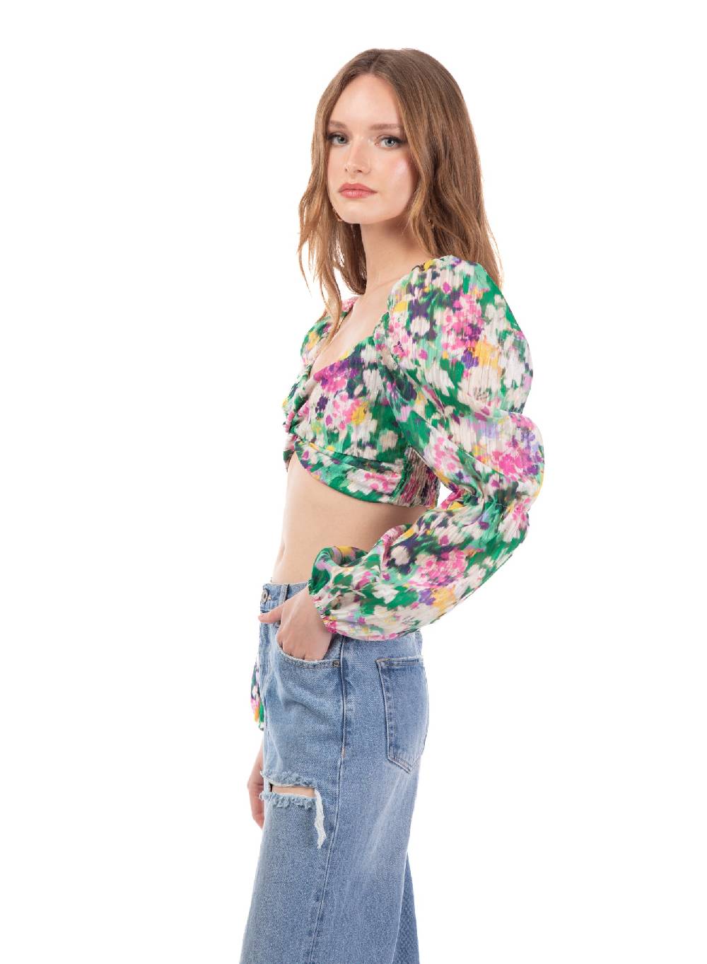 Le Volière Cropped Top Floreale Manica Lunga
