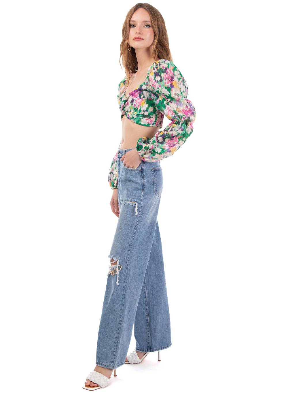 Le Volière Cropped Top Floreale Manica Lunga