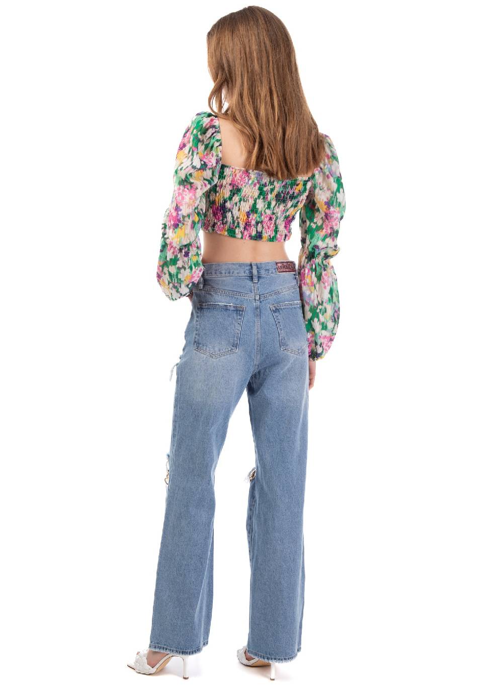 Le Volière Cropped Top Floreale Manica Lunga