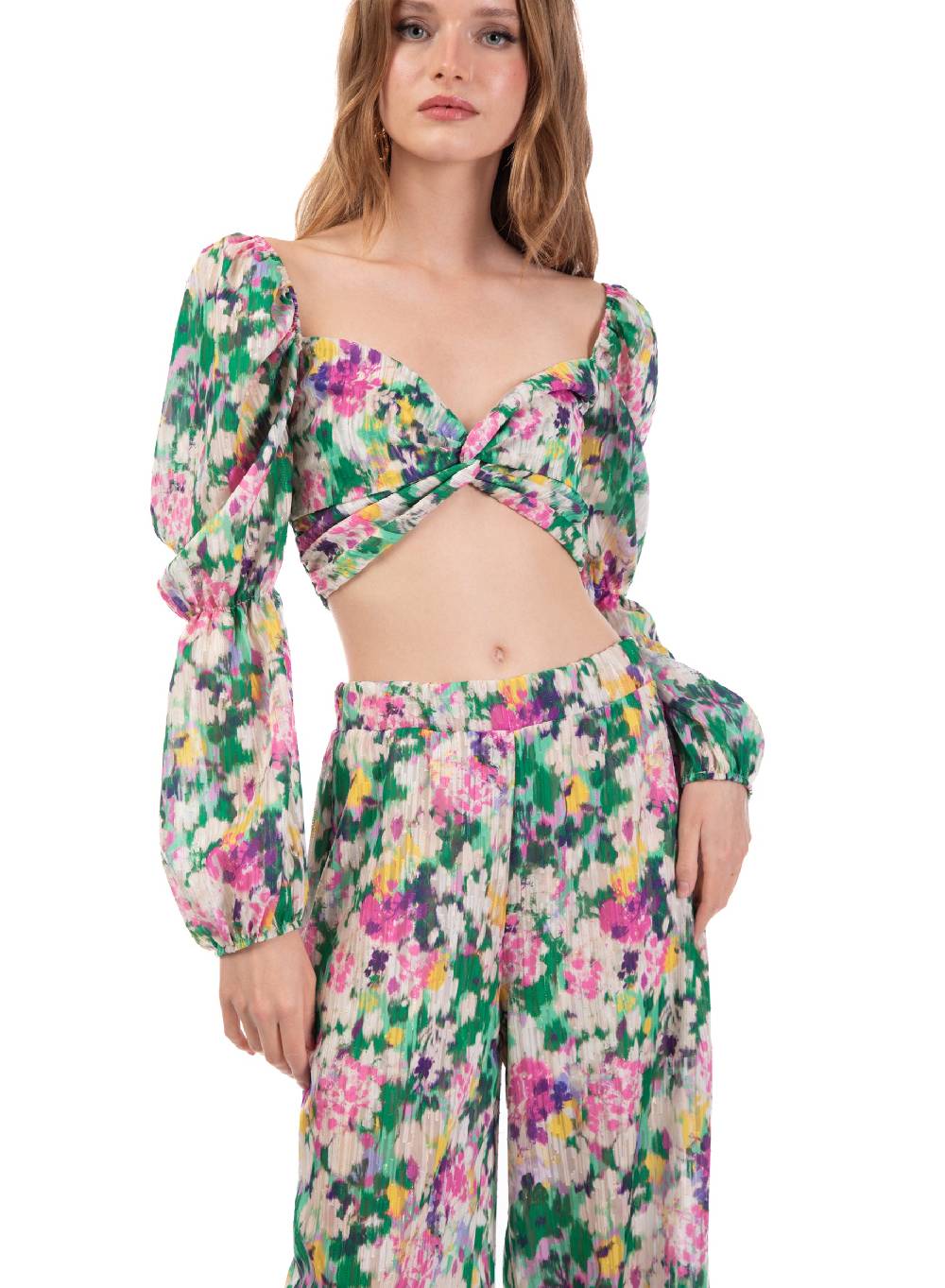 Le Volière Cropped Top Floreale Manica Lunga
